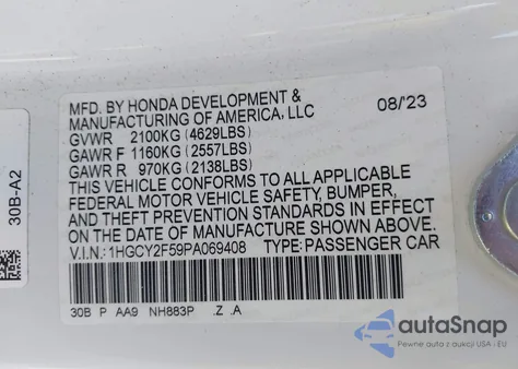 2023 Honda Accord Hybrid Sport z USA, uszkodzony, nr VIN 1HGCY2F59PA069408